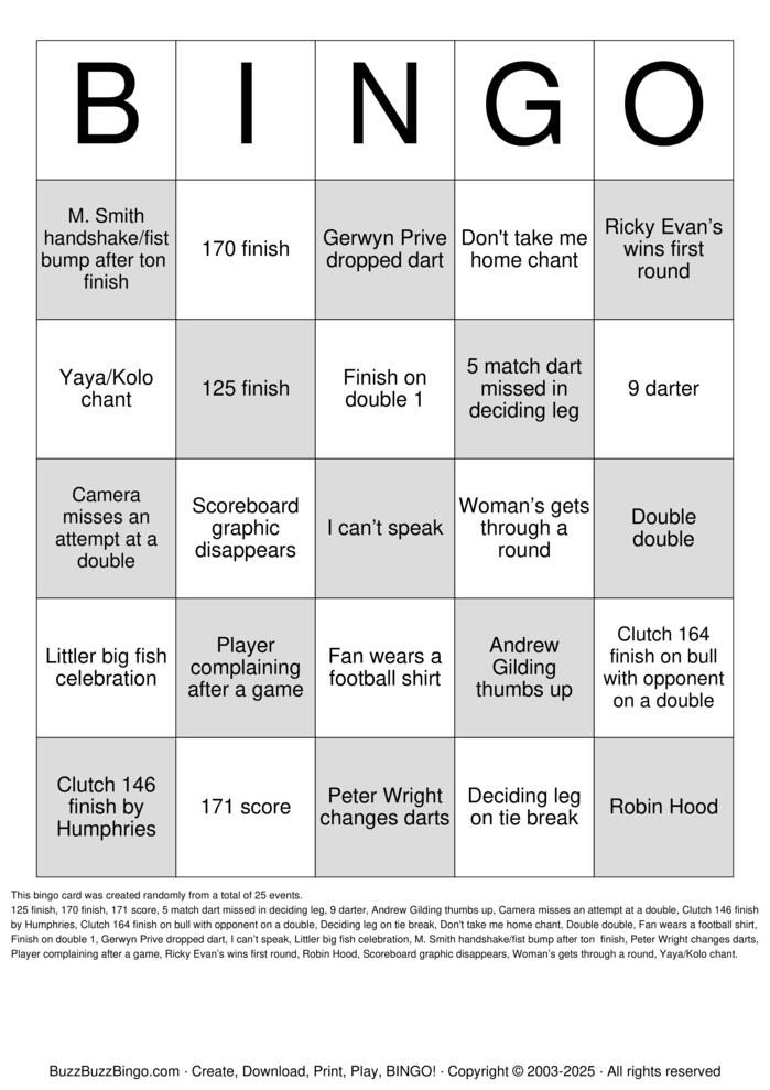 Download Free Darts World Championship Bingo Cards