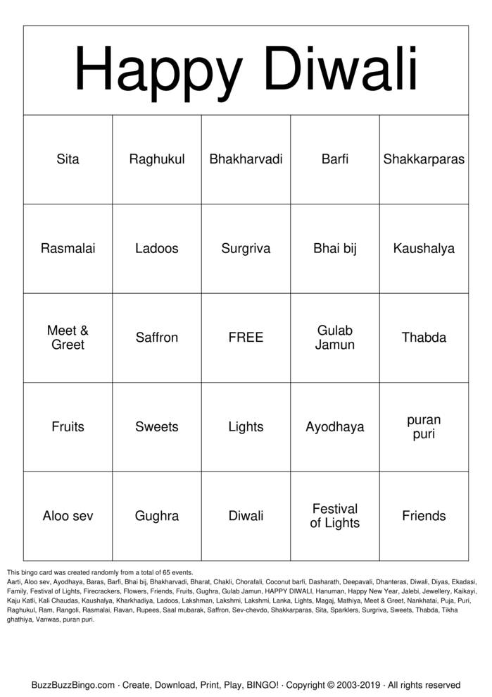 Diwali Party Bingo Cards to Download, Print and Customize!