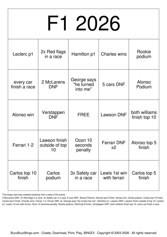 Download Free F1 2026 Bingo Cards Download Free F1 2026 Bingo Cards