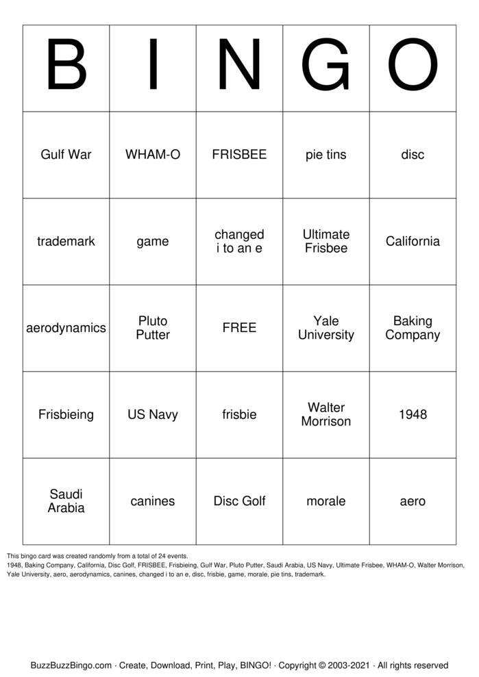 Download Free FRISBEE Bingo Cards