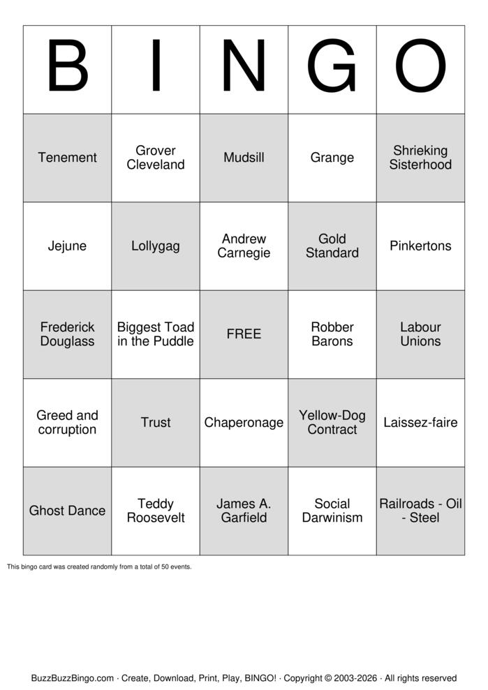 Download Free Gilded Age Bingo Cards