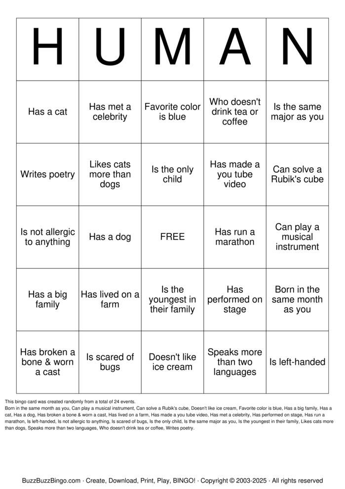 Download Free Human Bingo Cards