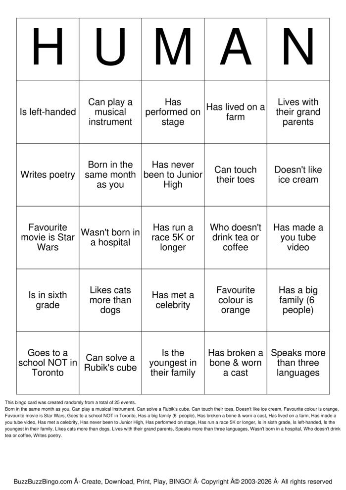 Download Free Human Bingo Cards