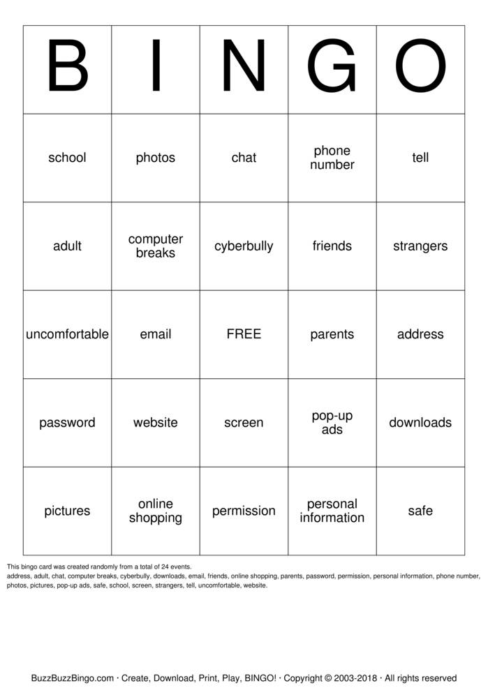 Download Free Internet Safety Bingo Cards