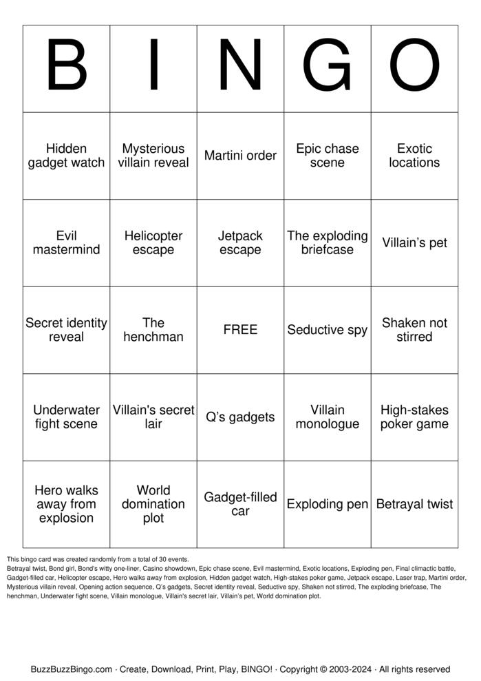 Download Free James Bond Movie Tropes Bingo Cards