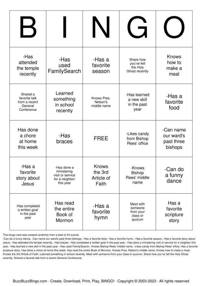 LDS YOUTH BINGO Bingo Cards to Download, Print and Customize!
