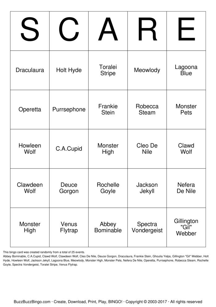 Monster High Bingo Cards to Download, Print and Customize!