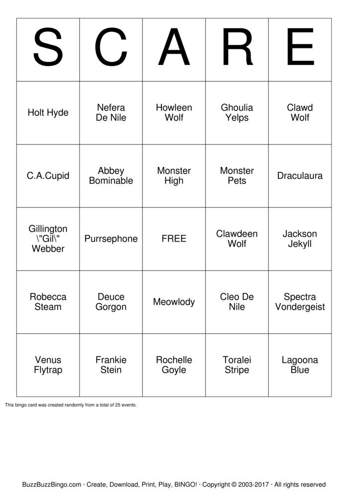 Monster High Bingo Cards to Download, Print and Customize!