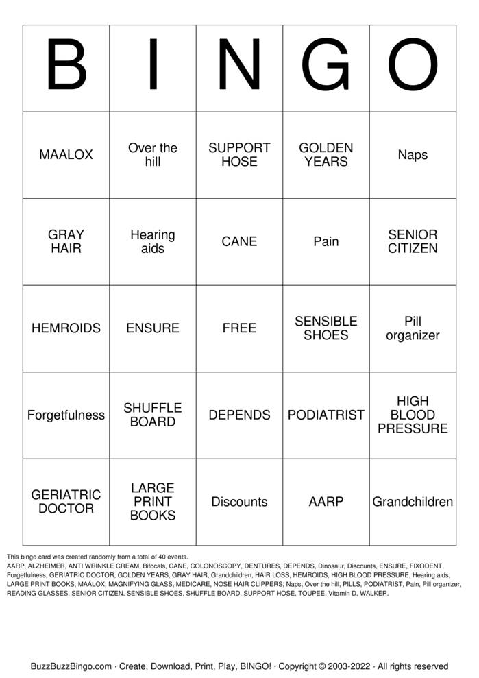 OVER THE HILL Bingo Cards to Download, Print and Customize!