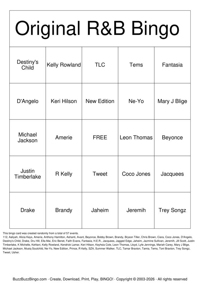 Download Free Original R&B Bingo Bingo Cards