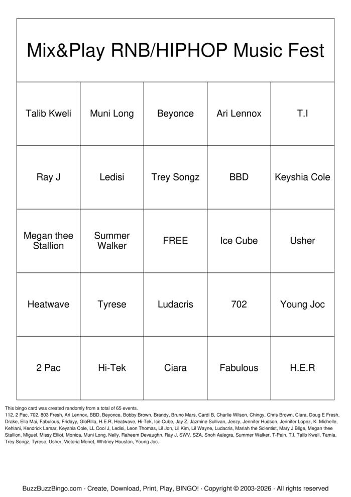 Download Free R&B and Hiphop Music Fest Bingo Cards Download Free R&B and Hiphop Music Fest Bingo Cards