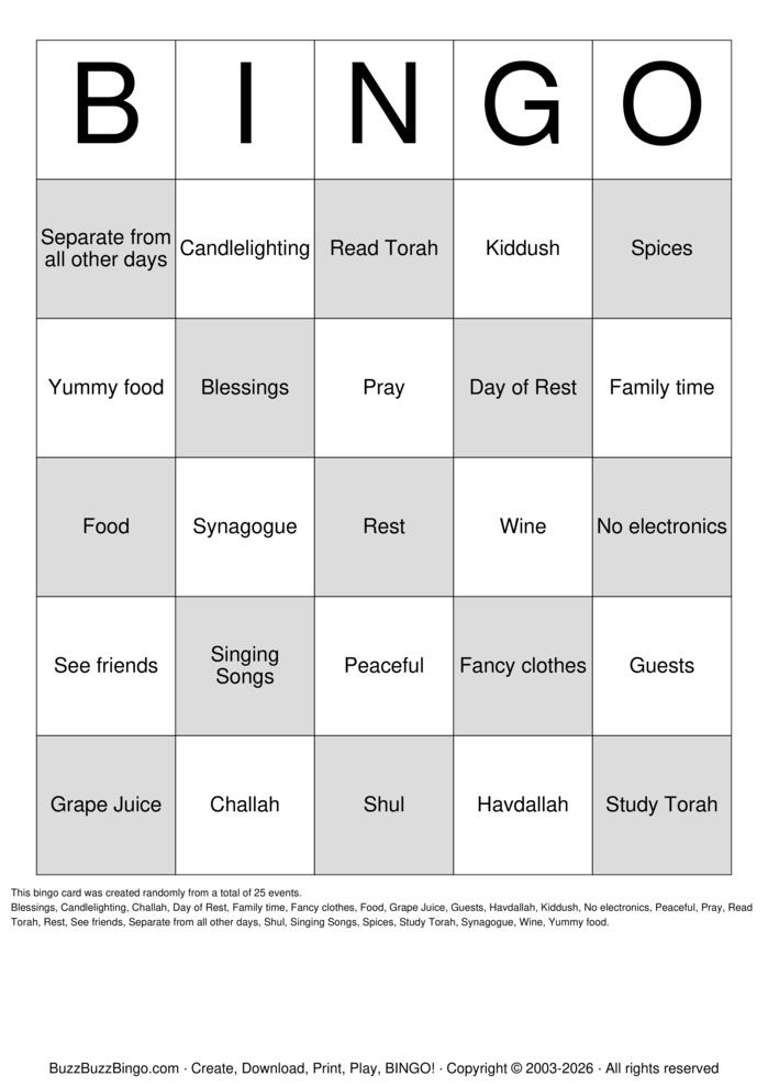 Download Free SHABBAT BINGO Bingo Cards Download Free SHABBAT BINGO Bingo Cards