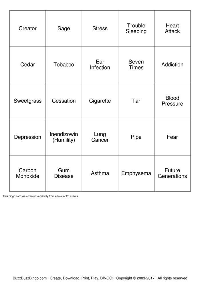 Smoking Cessation BINGO Bingo Cards to Download, Print and Customize!