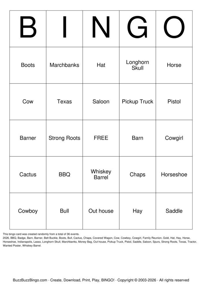Download Free WESTERN Bingo Cards