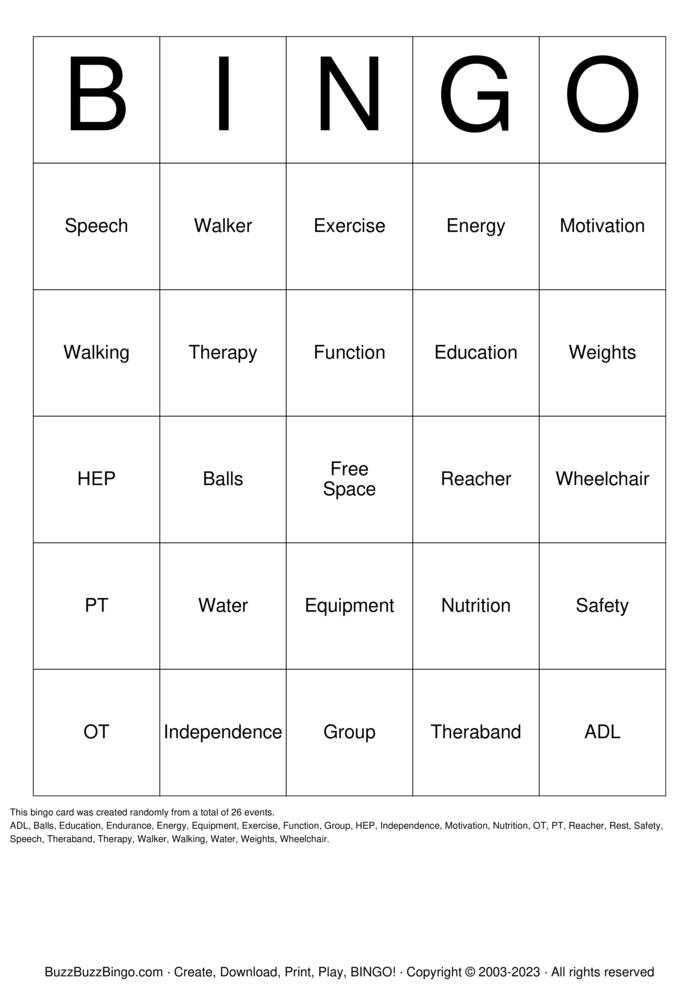 Wheelchair OT upper extremity strengthen Bingo Cards to Download, Print ...