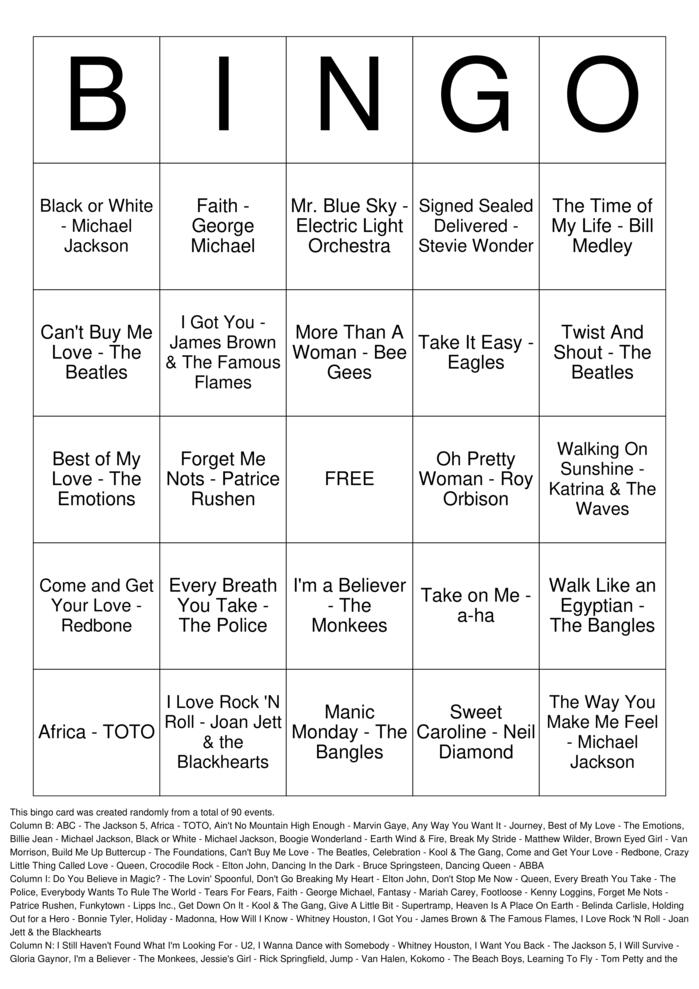 Download Free 70s, 80s, 90s Music Bingo Cards
