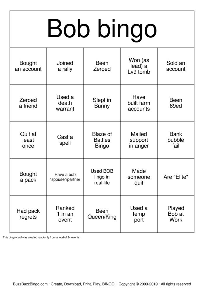 BOB Bingo Bingo Cards to Download, Print and Customize!