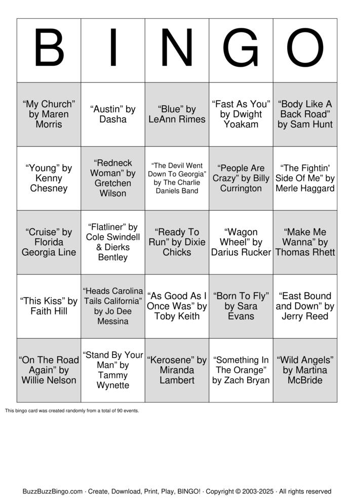 Download Free Country Music Bingo (1) Bingo Cards