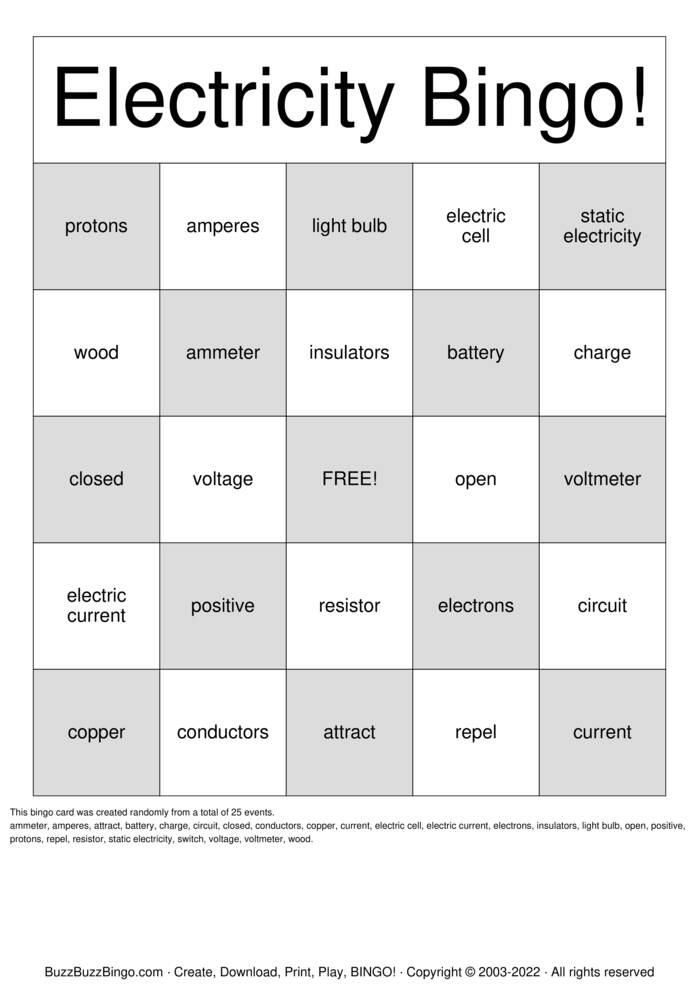 Download Free Electricity Bingo Cards