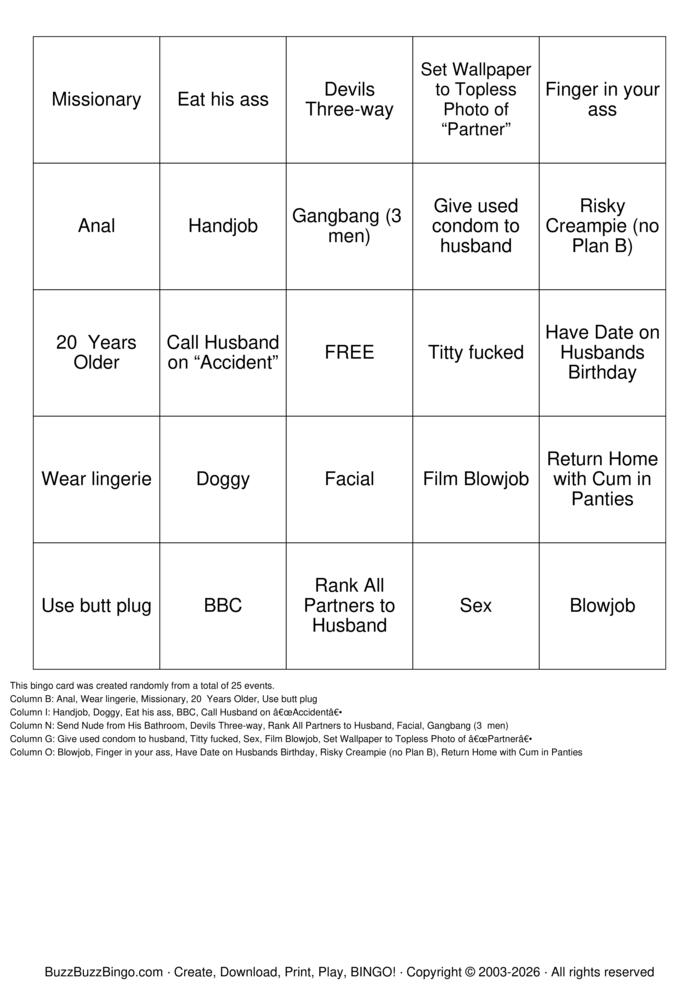 Download Free Hotwife  Bingo Cards