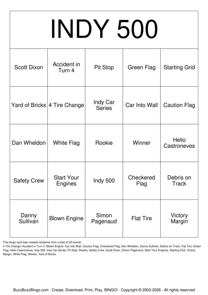 Download Free Indy 500 Bingo Cards