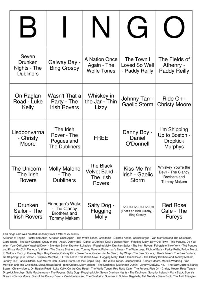 Download Free Irish Pub Songs Bingo Cards