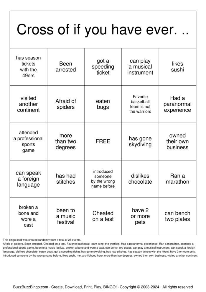 Download Free Life experiences bingo Bingo Cards