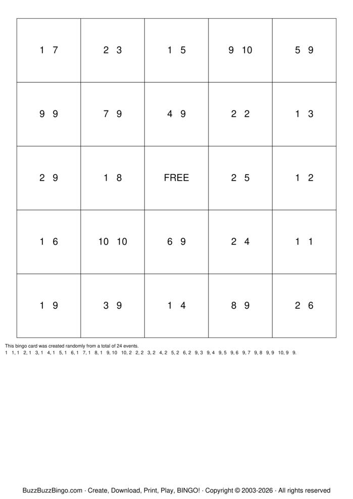 Download Free Math Addition Bingo Cards