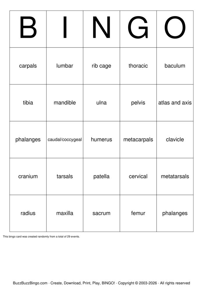 Download Free Musculoskeletal Bingo Cards Download Free Musculoskeletal Bingo Cards