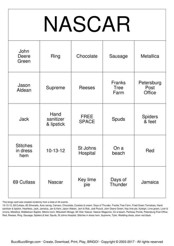 NASCAR 2013 Bingo Cards to Download, Print and Customize!