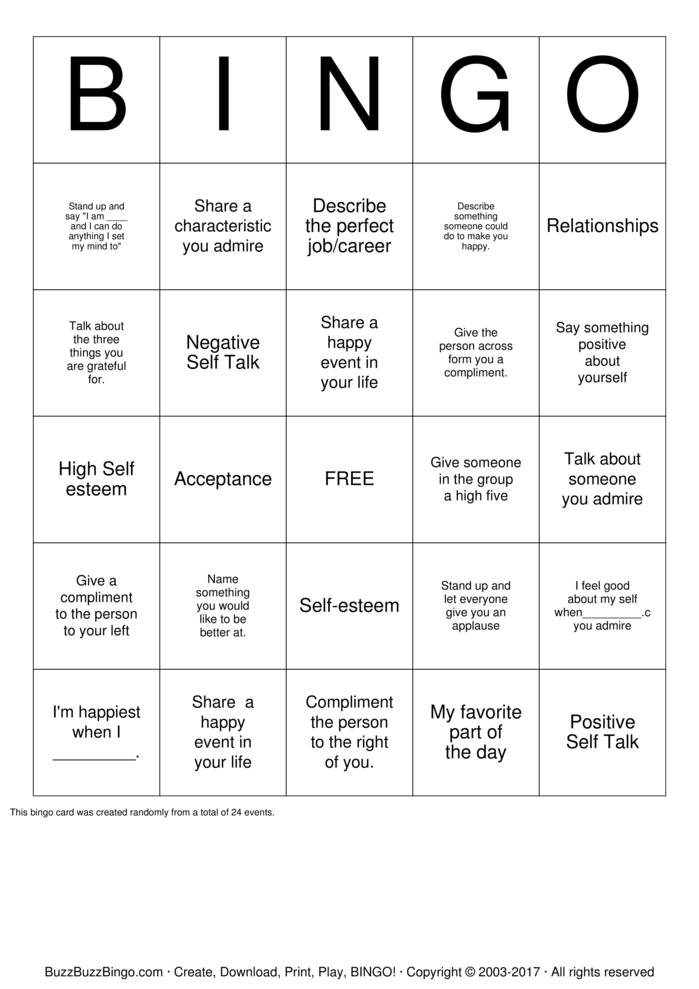 Download Free Self esteem  Bingo Cards