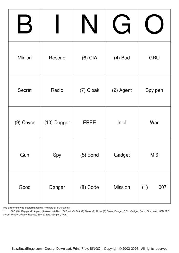 Download Free Spy Bingo Cards Download Free Spy Bingo Cards