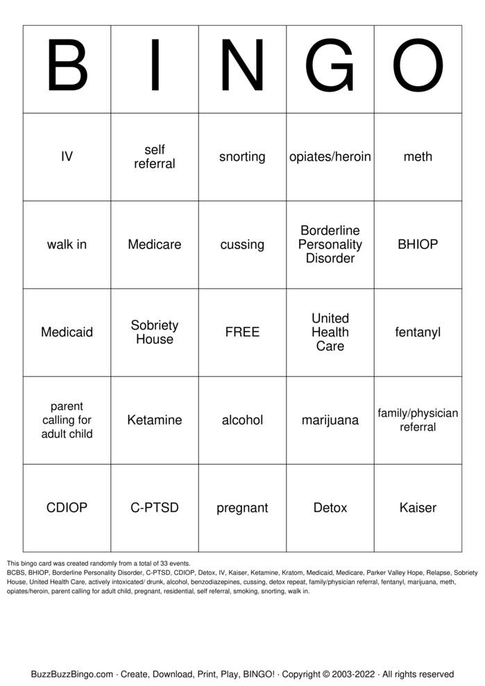 Download Free Substance Abuse Recovery Bingo Cards