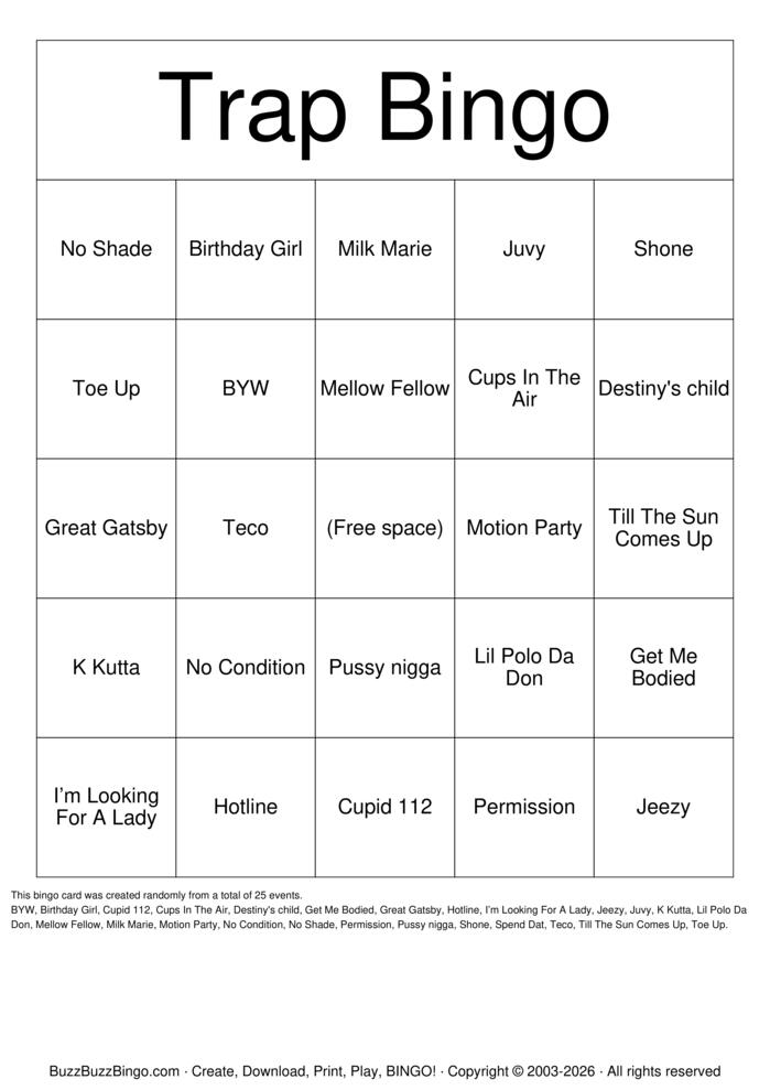 Download Free TRAP BINGO Bingo Cards