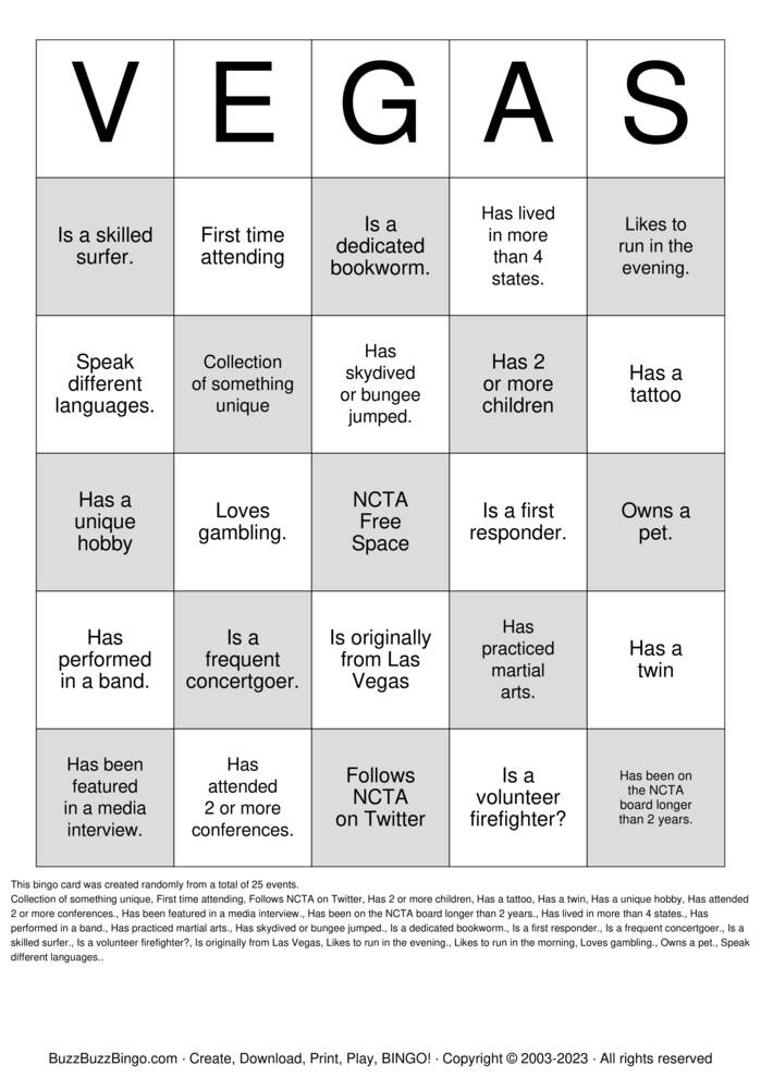 VEGAS Bingo Cards to Download, Print and Customize!
