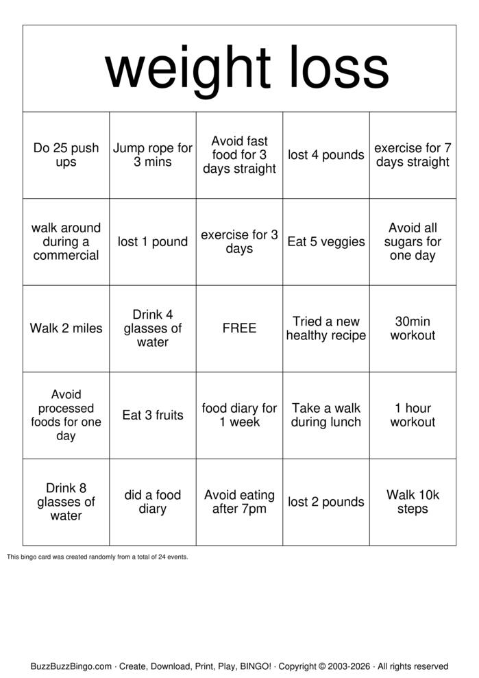 Download Free weight loss Bingo Cards Download Free weight loss Bingo Cards
