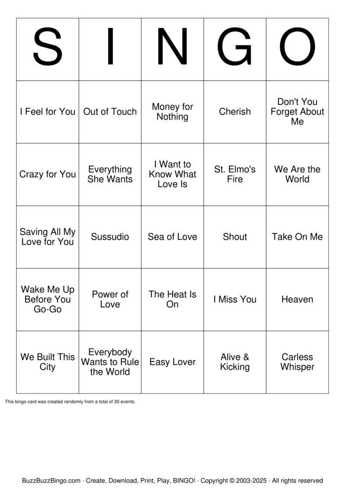 Download Free 1985 SINGO  Bingo Cards