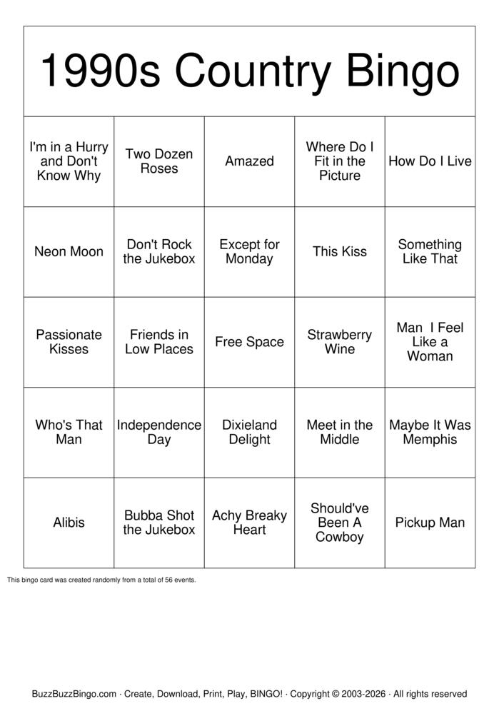 Download Free 1990s Country  Bingo Cards