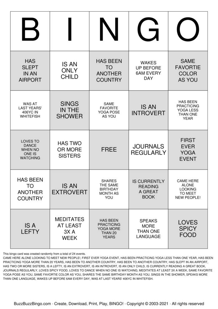 Download Free 406 Yoga Conference 2021 Bingo Cards