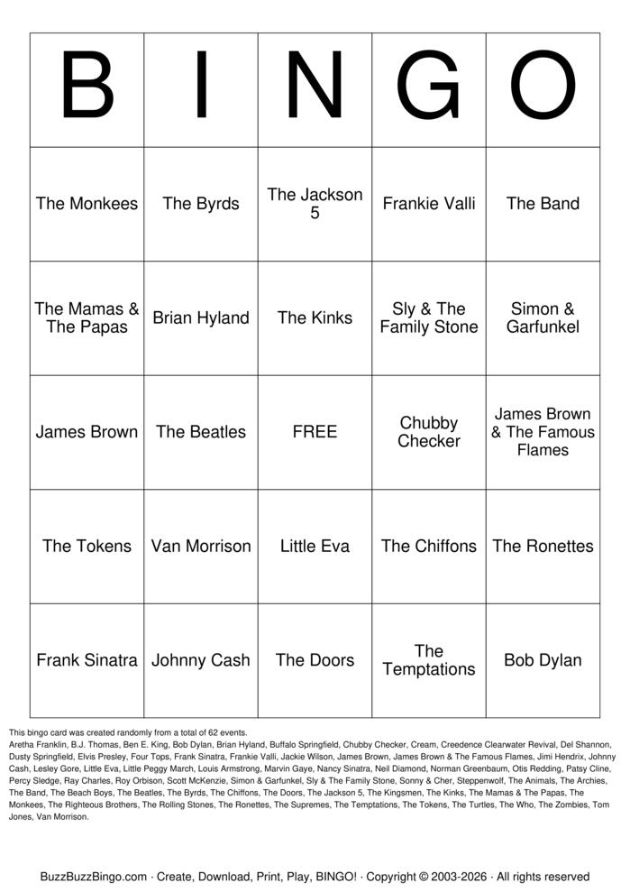 Download Free 60s Music Unique Artists Bingo Cards