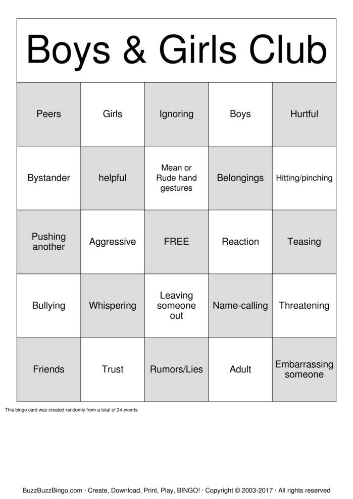 Download Free Bully Prevention Bingo Cards
