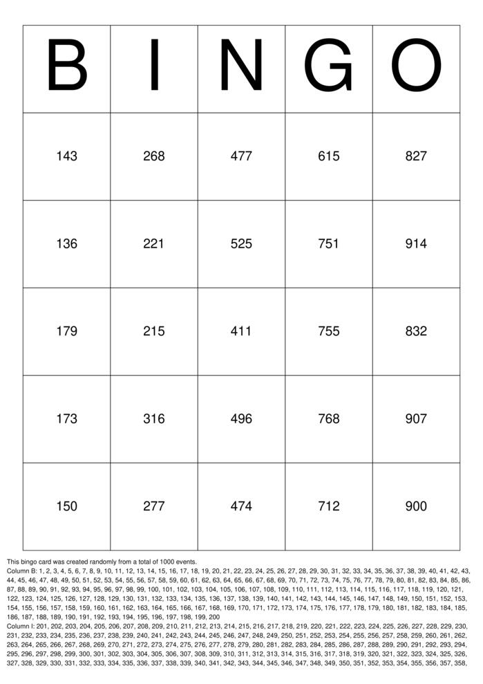 Download Free Classic Numbers 1-1000 Bingo Cards