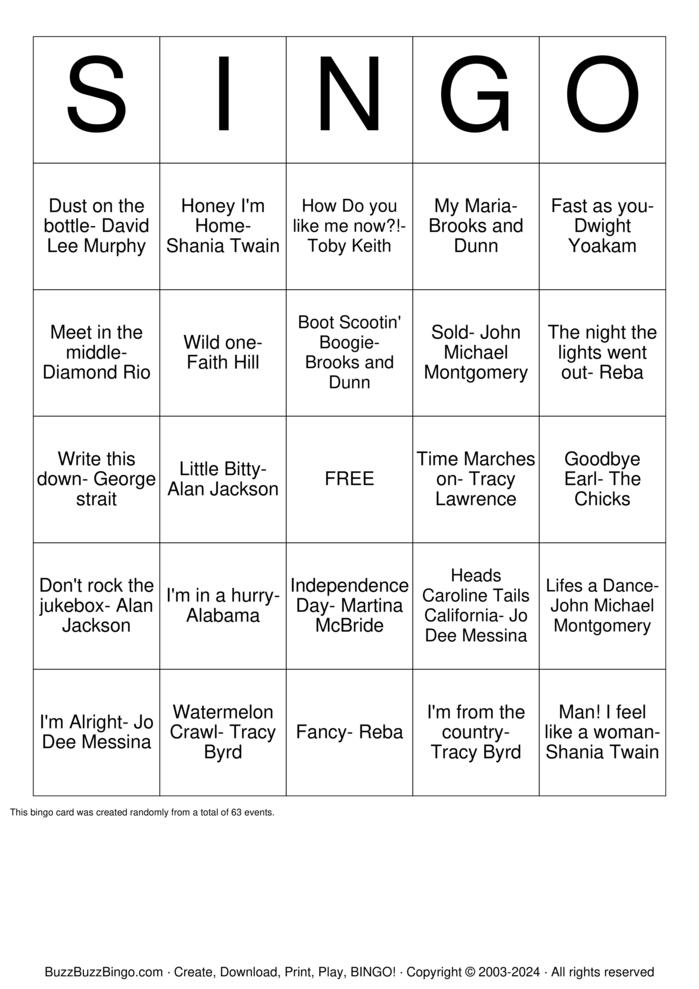 Download Free Custom 90s country Bingo Cards