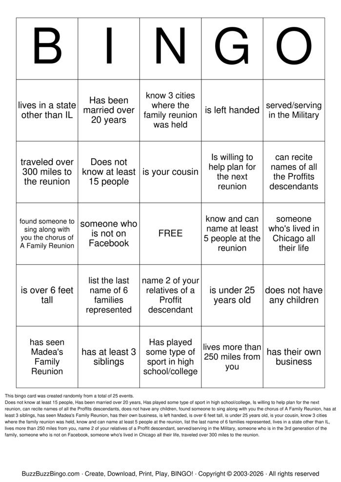Download Free Family Reunion  Bingo Cards