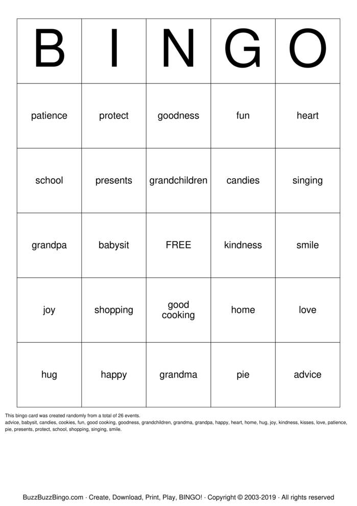 Grandparents Day Bingo Bingo Cards to Download, Print and Customize!