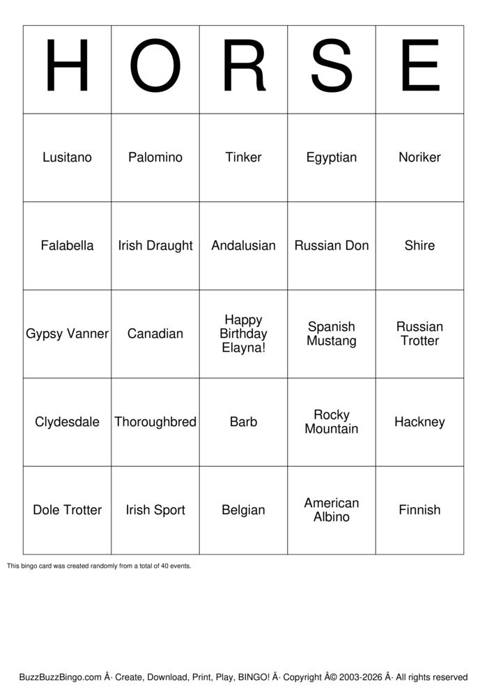 Download Free Horse Bingo Cards