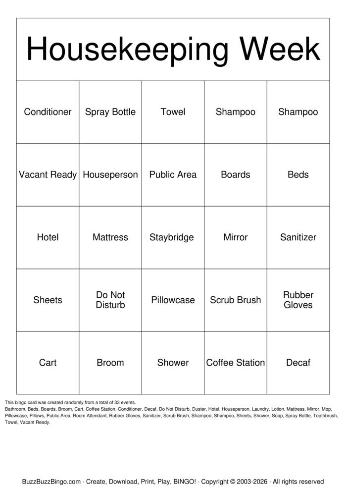 Download Free Housekeeping Week Bingo Cards Download Free Housekeeping Week Bingo Cards