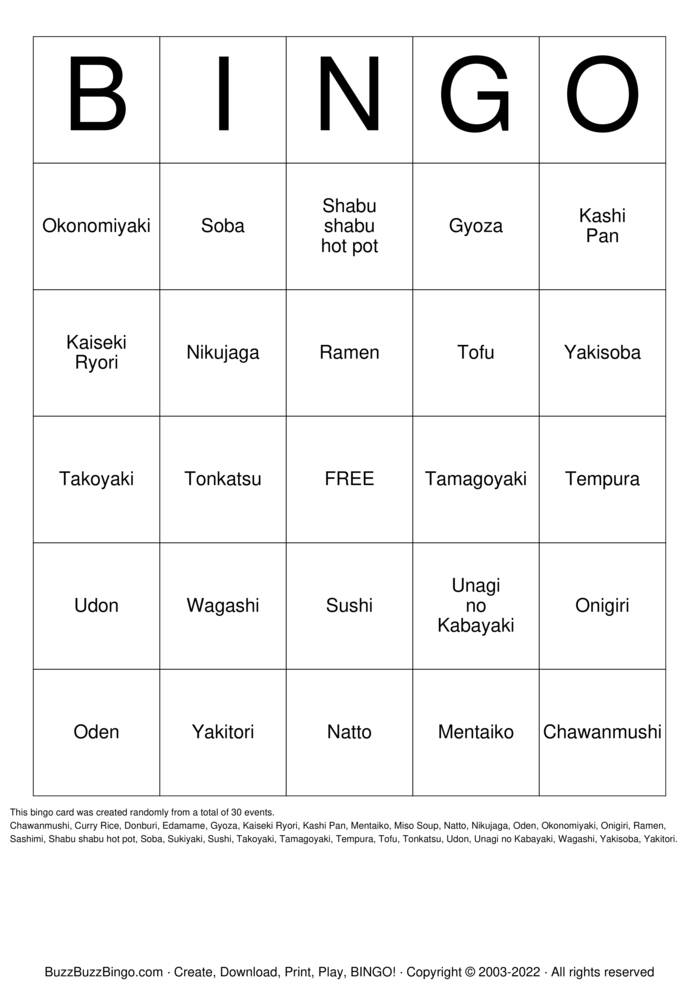 Download Free Japanese Food Bingo Cards