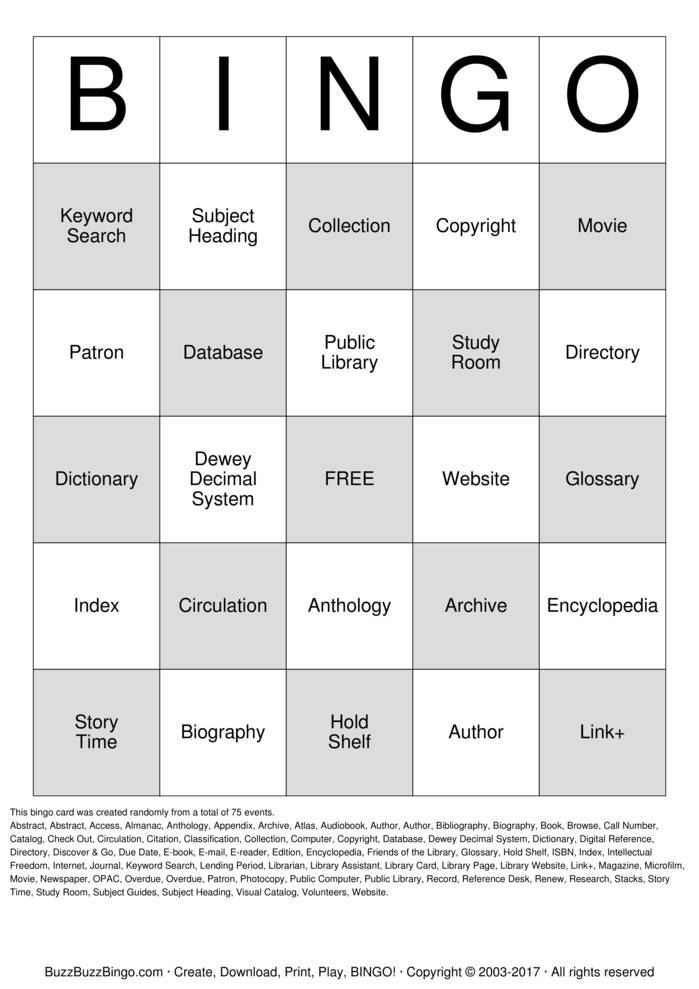 Download Free Library Bingo Bingo Cards