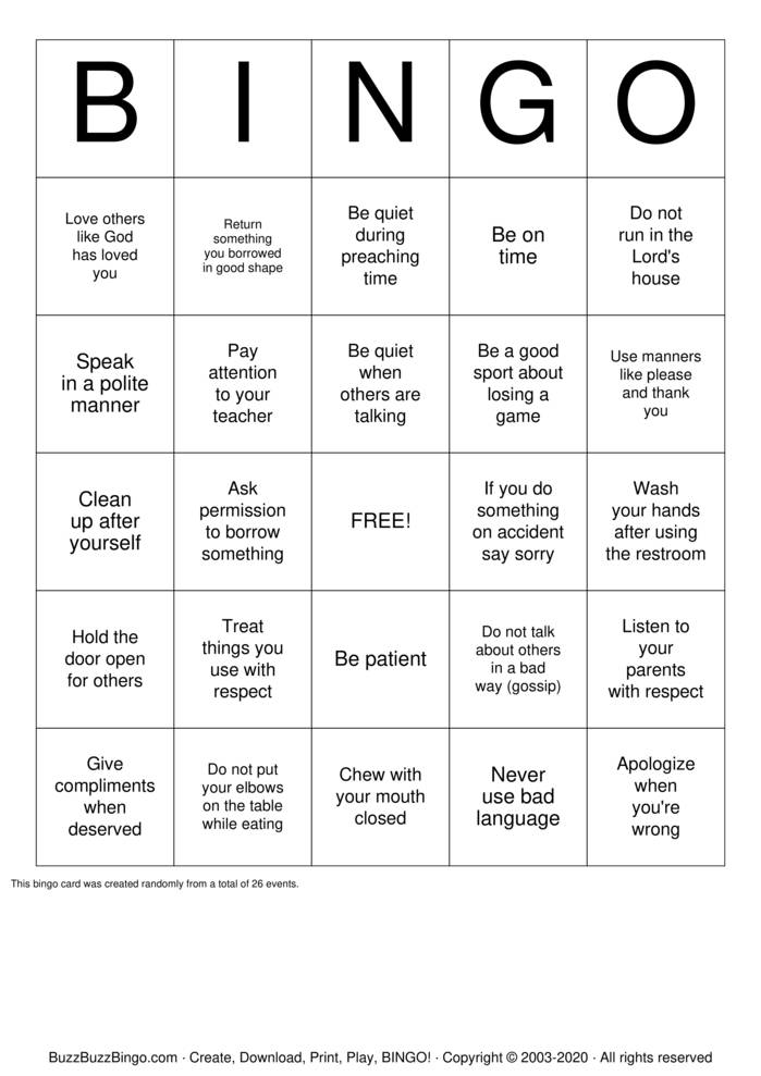 Download Free Manners Bingo Cards